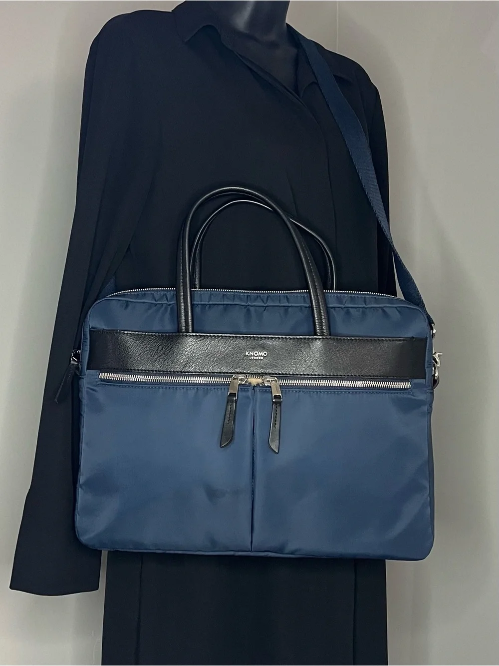 KNOMO London Hanover 14” Slim Briefcase in Navy Nylon w/Black Leather Trim